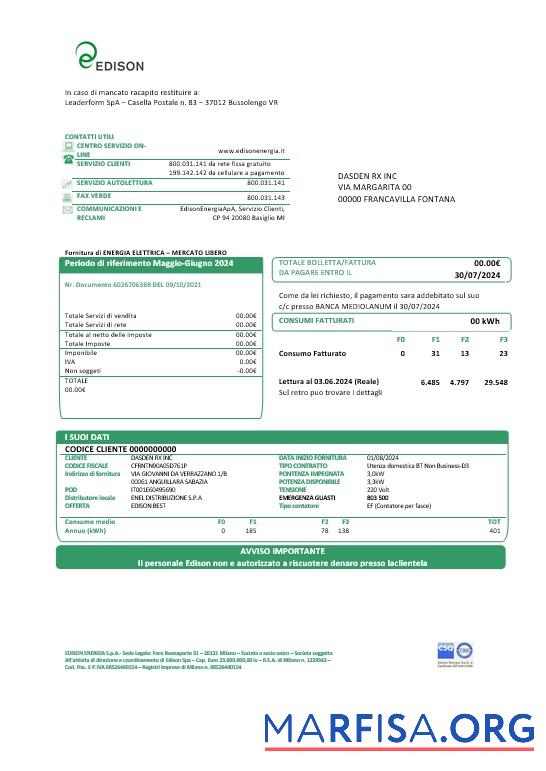 Realistic Italy Edison business utility bill template in Word and PDF formats, good for address prove